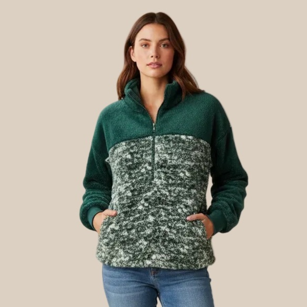 LuLaRoe Nancy Half Zip Pullover with Side Pockets • Green White Texture